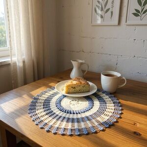 Vintage Hand crochet Blue & White Doily  31 Inch Diameter
